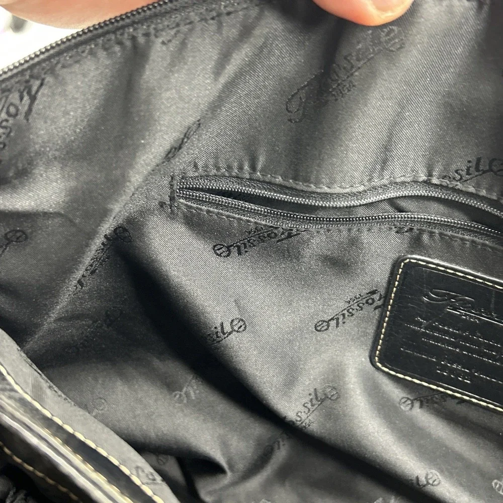 Fossil 1954 Vintage Black Leather Tote Shoulder Bag Purse Satchel Key Charm